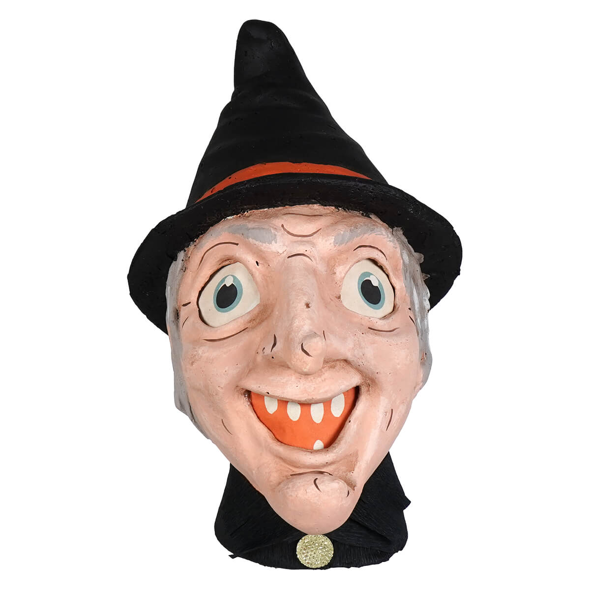 A cheerful vintage-style cackling witch lantern with a black hat, orange band, and honest heirloom decor charm