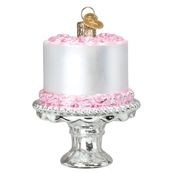 Silver and pink frosted birthday cake ornament with gold heart hanger on glass pedestal dessert and confectionary ornament