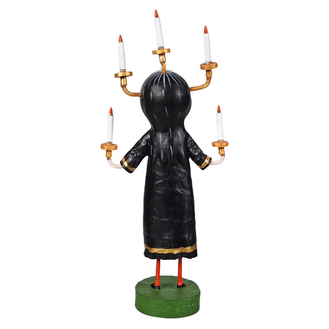 Black candle maker figurine with gold-trimmed arms holding six white candles on golden holders lori mitchell halloween figures
