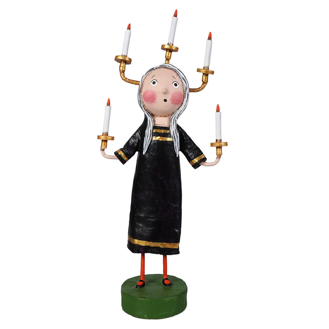 Candle maker black and gold candleholder figurine with white candles on green base for lori mitchell halloween figures
