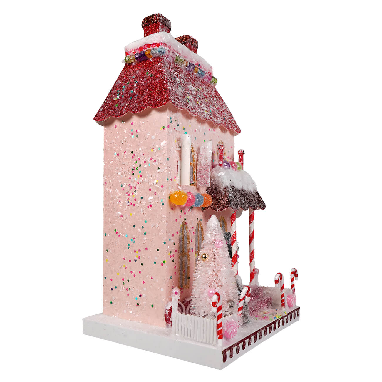 A whimsical pink candy cane manor house with a glittery red roof and colorful sprinkles by cody foster