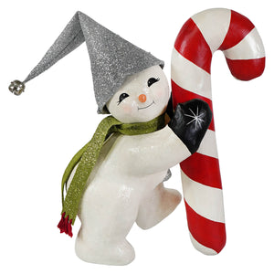White candy cane snowman figurine with silver hat, green scarf, star gloves, perfect for christmas snowman figures and decor