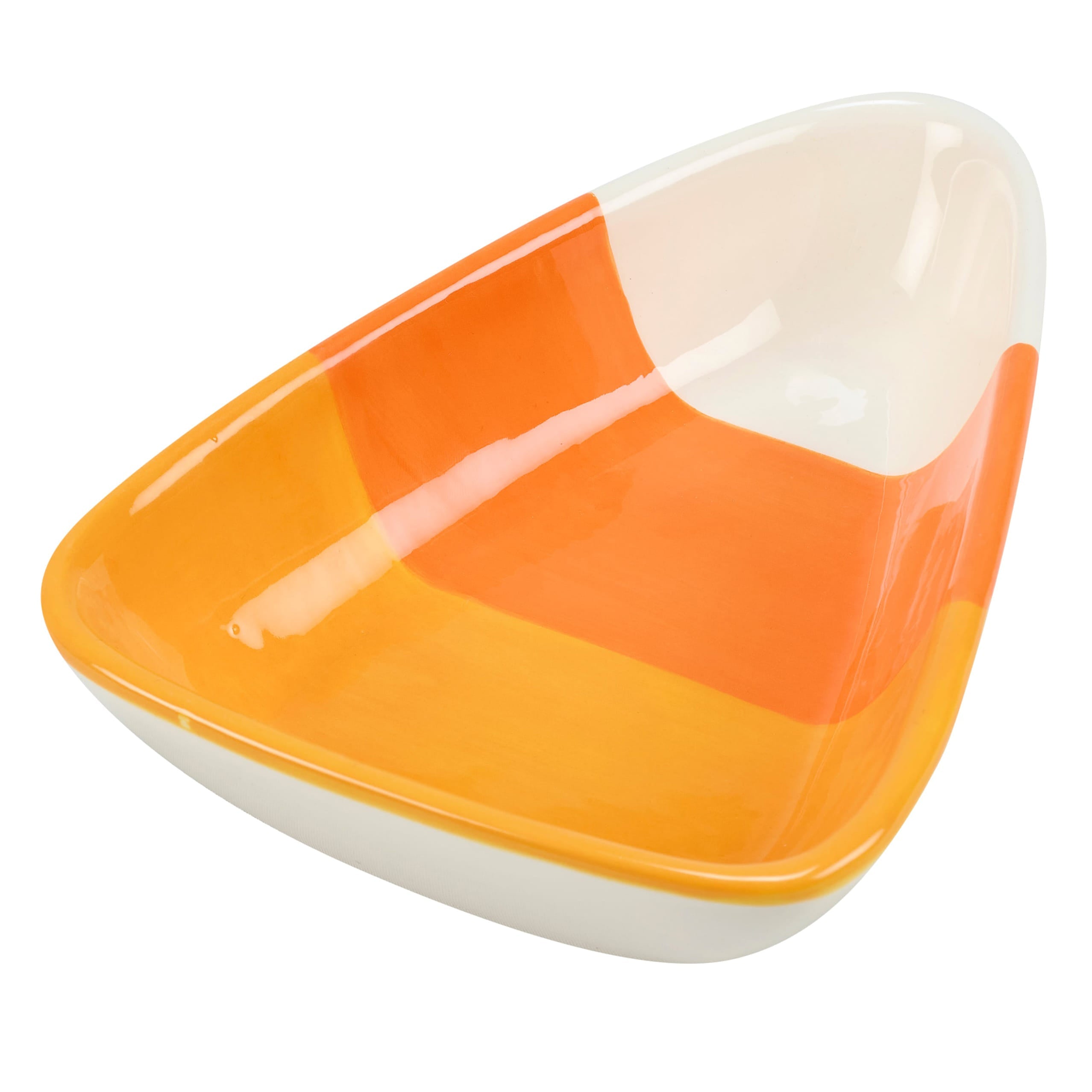 Vibrant orange and white ceramic candy corn bowl with a modern triangular design perfect for snacks or decor