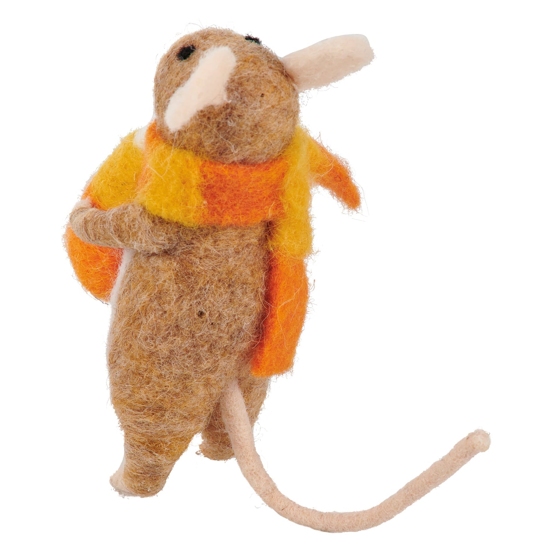 A charming brown felt candy corn mouse critter wearing a vibrant orange and yellow striped scarf from kathys halloween collection