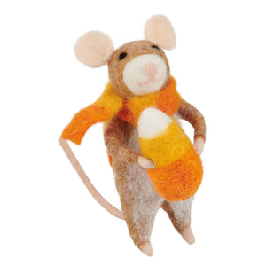A charming needle-felted candy corn mouse critter with brown white wool and orange scarf from kathy’s halloween collection
