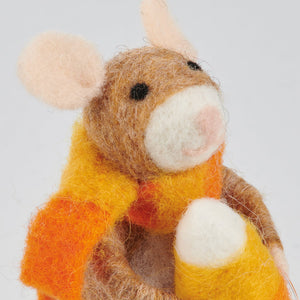A charming brown felt candy corn mouse critter with pink ears and an orange yellow scarf from kathys halloween collection