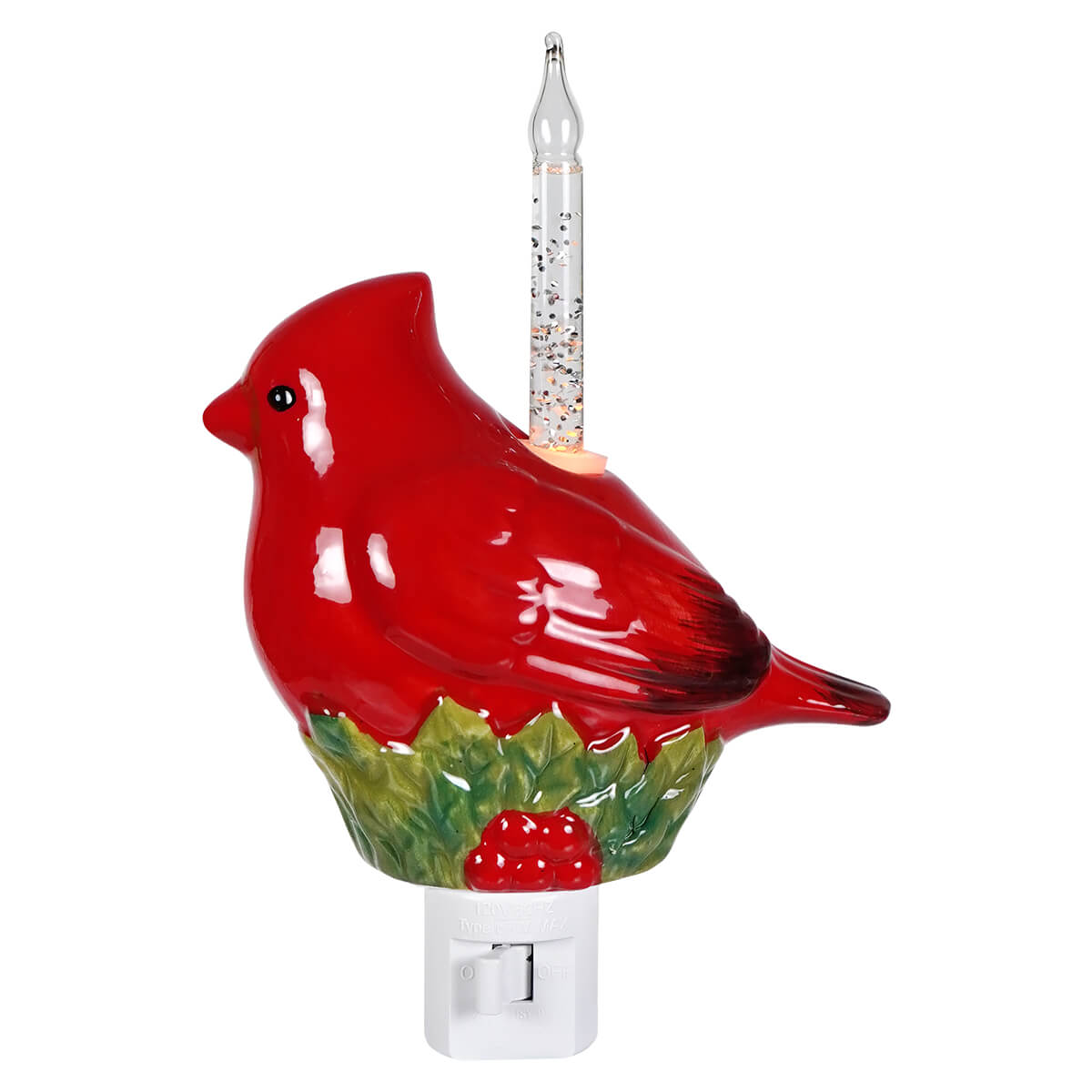 Red ceramic cardinal holly bubble light night light with clear glass candle effect and green holly accents type c7w max