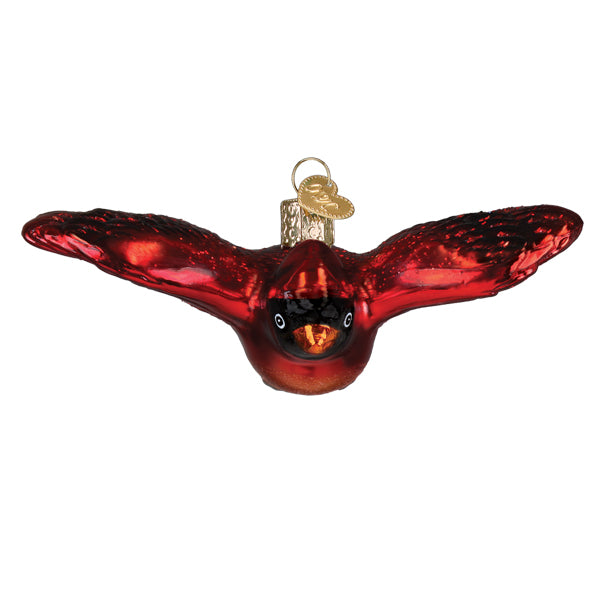 A vibrant red glass miniature cardinal ornament with detailed wings and a gold hanging loop for figural decor