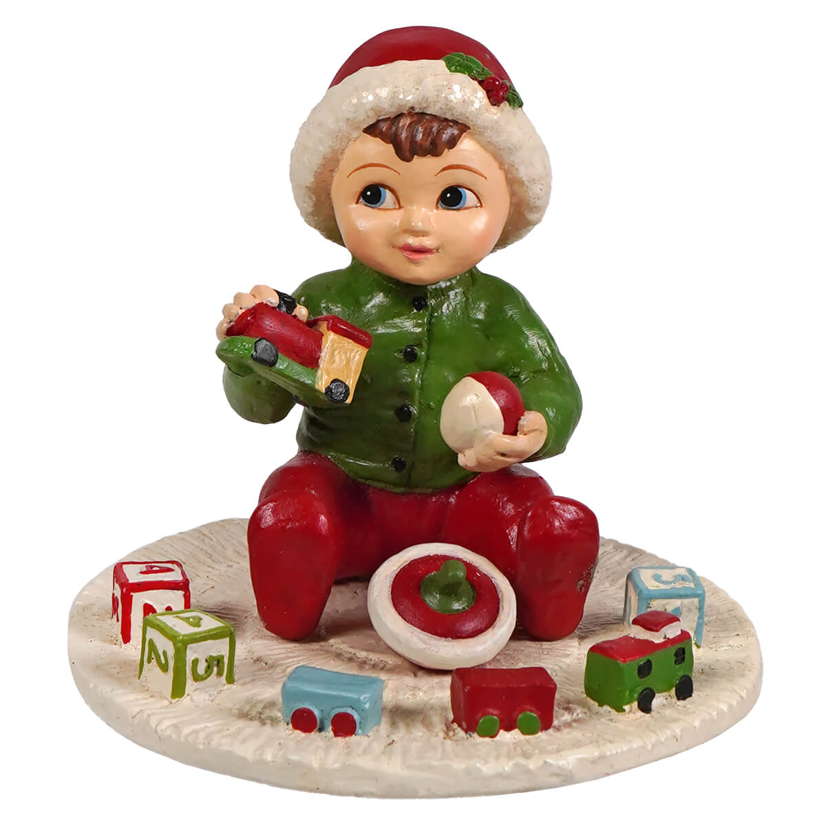 A festive bethany lowe miniature figurine of a child in santa hat holding toys from the carson with train collection