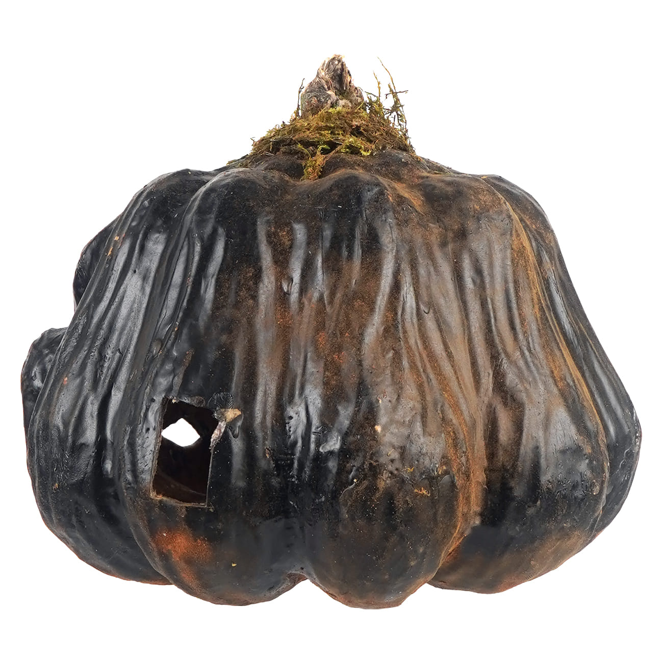 A rustic black smiling ceramic pumpkin jack o lantern with textured surface and mossy stem perfect for tea light use