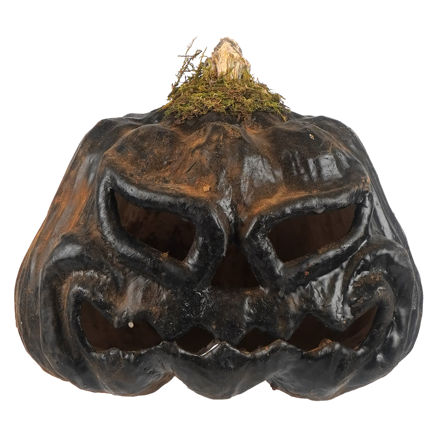 A rustic black smiling carved ceramic jack-o-lantern with a weathered mossy stem perfect for tea light or light cord use