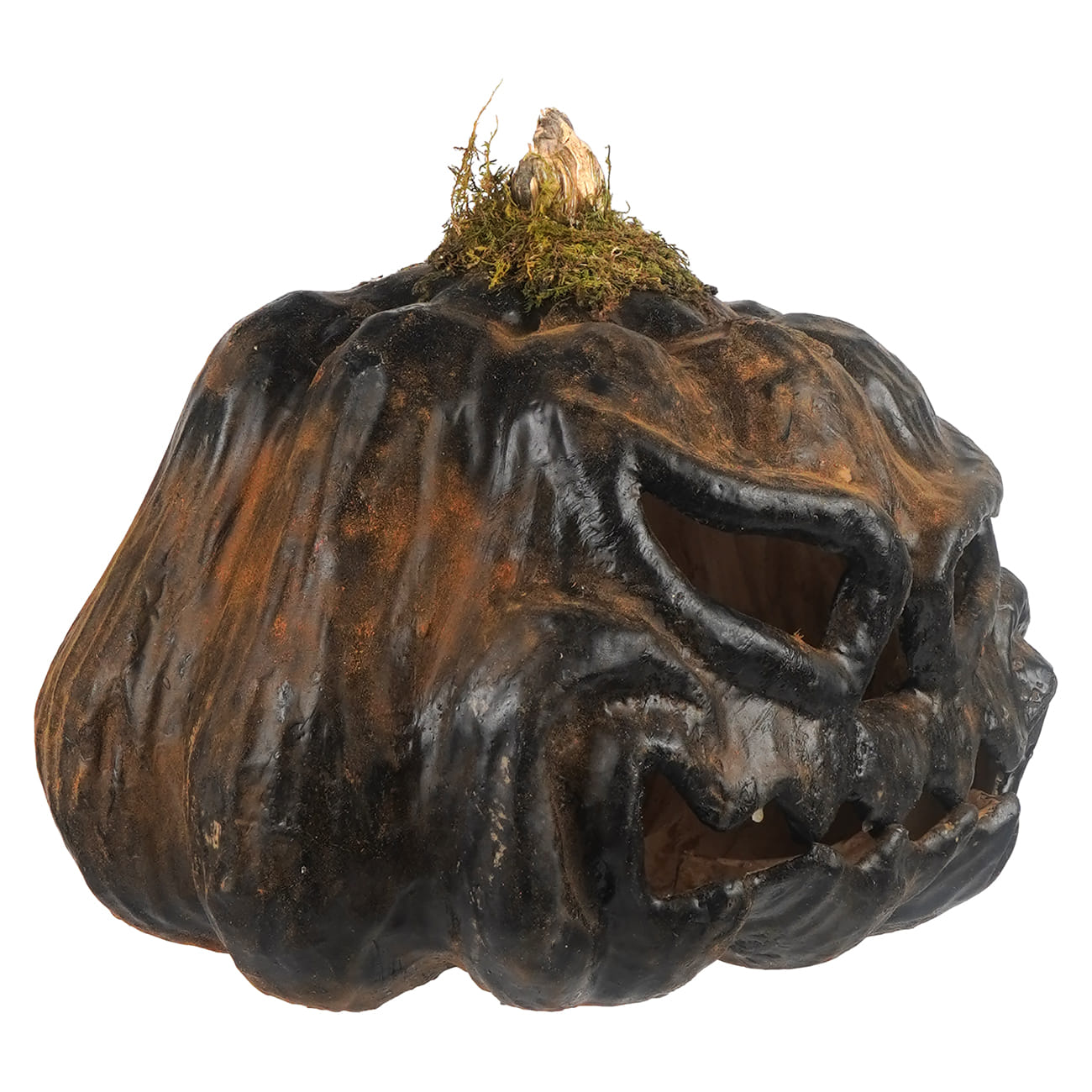 A rustic dark brown and black smiling carved pumpkin jack o lantern with mossy stem and tea light inside