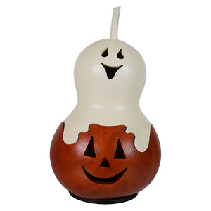 Casper miniature jack ghost gourd lantern featuring a carved jack o lantern and ghost figure in natural wood tones