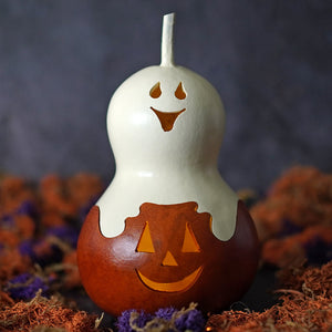 Casper miniature jack ghost gourd lantern with a two-toned orange jack-o-lantern base and white ghost top made from natural gourd