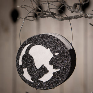 Black glittery bethany lowe cat in moon lantern with white cat and moon silhouette perfect for halloween cats decor