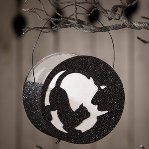 Black glittery bethany lowe moon lantern with white halloween cats silhouette of cat and bat design
