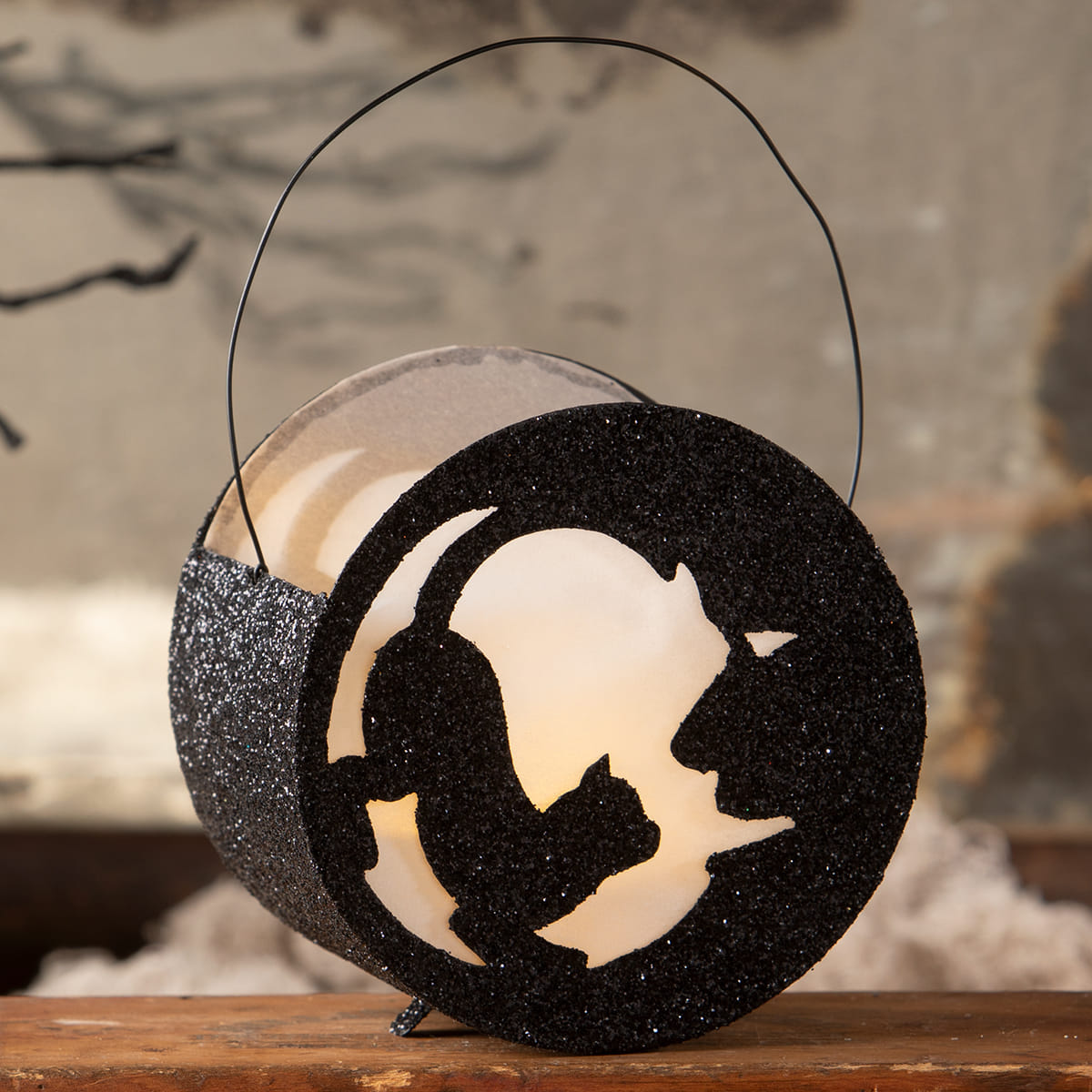 Black glittery cat silhouette moon lantern with wire handle by bethany lowe perfect for halloween cats decor