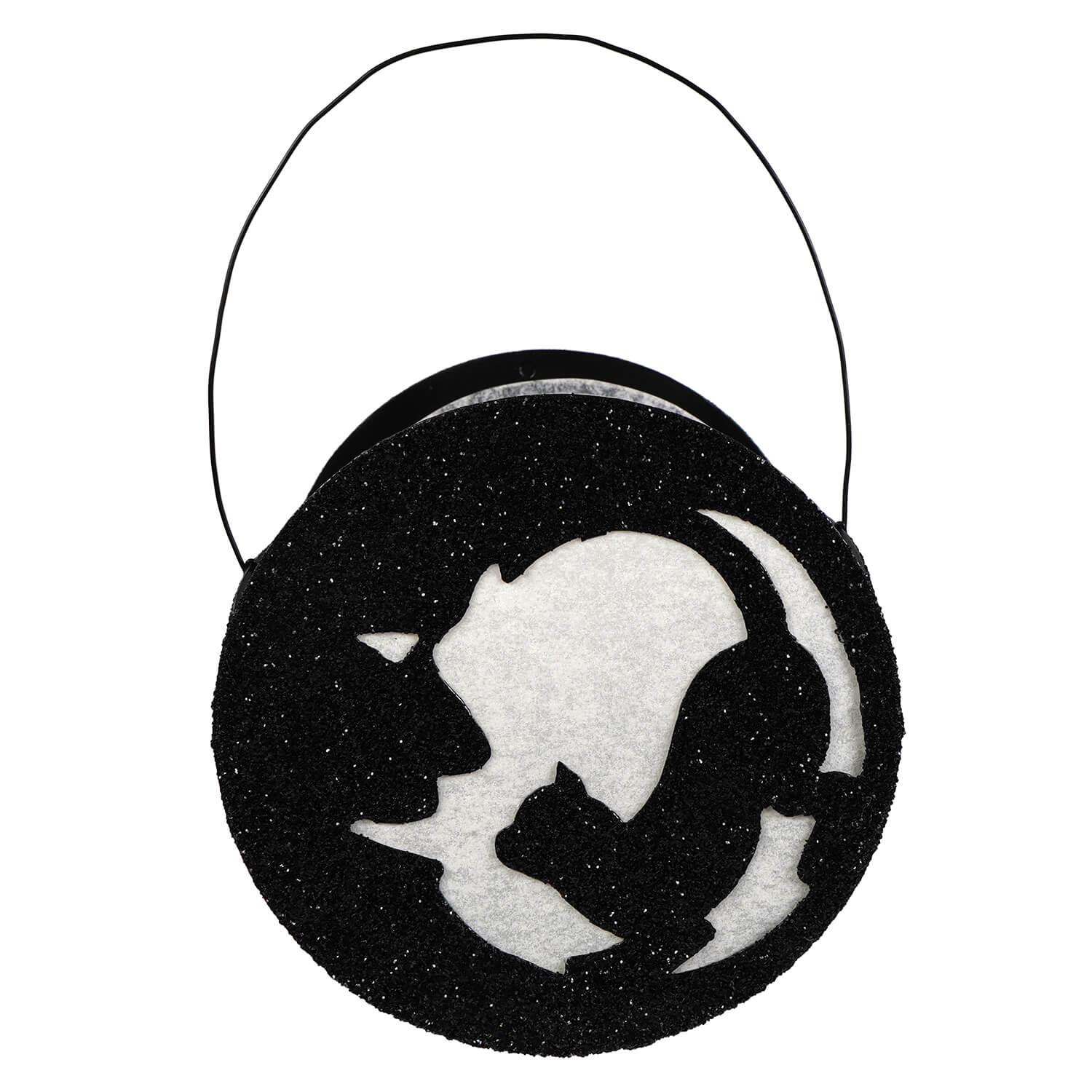 Black glittery circular halloween treat bag with white cat and moon design bethany lowe moon lantern halloween cats