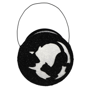 Black glittery circular halloween treat bag with white cat and moon design bethany lowe moon lantern halloween cats