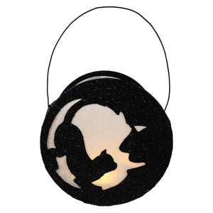 Black glittery bethany lowe moon lantern with cat and moon cutout silhouette and thin wire handle for halloween cats decor