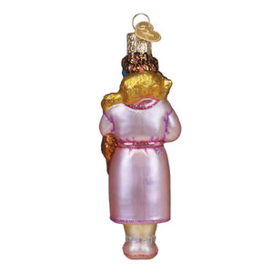 Pink glass christmas glass ornament cat lady ornament with gold hair and glittery details from family owned shop