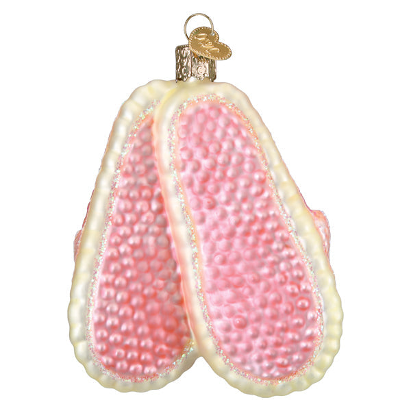 Pink and cream glass cat lady slippers ornament shaped like baby sandals with textured soles figural decor