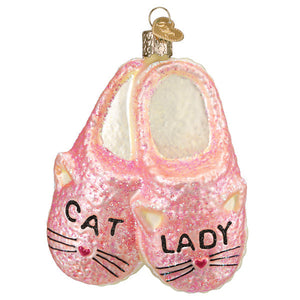 Pink glittery glass cat lady slippers ornament with cat face details figural decor perfect beside bunny slippers ornament