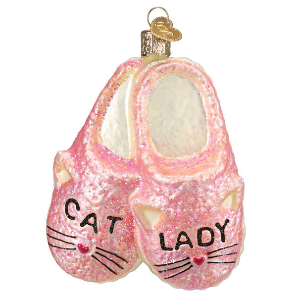 Pink glittery glass cat lady slippers ornament with cat face details figural decor perfect beside bunny slippers ornament