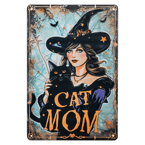 Vintage-style illustration of a witch holding a black cat, with ’CAT MOM’ text.
