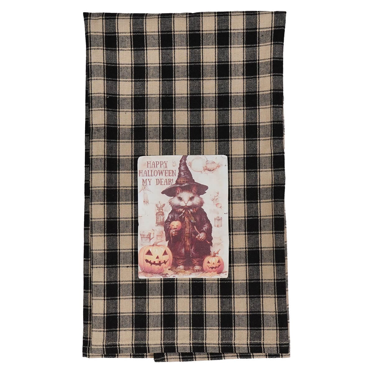 Cat Witch & Jack-O’-Lanterns ’Happy Halloween My Dear!’ Plaid Black & Cream Towel - Halloween