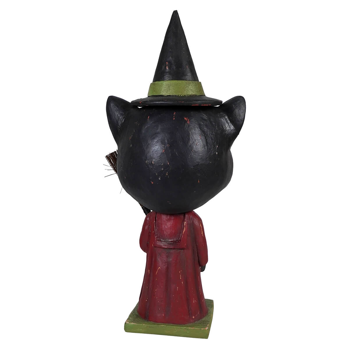Black cat figurine wearing a pointed witch hat with green band and red robe from catrina whisker witch halloween cats collection