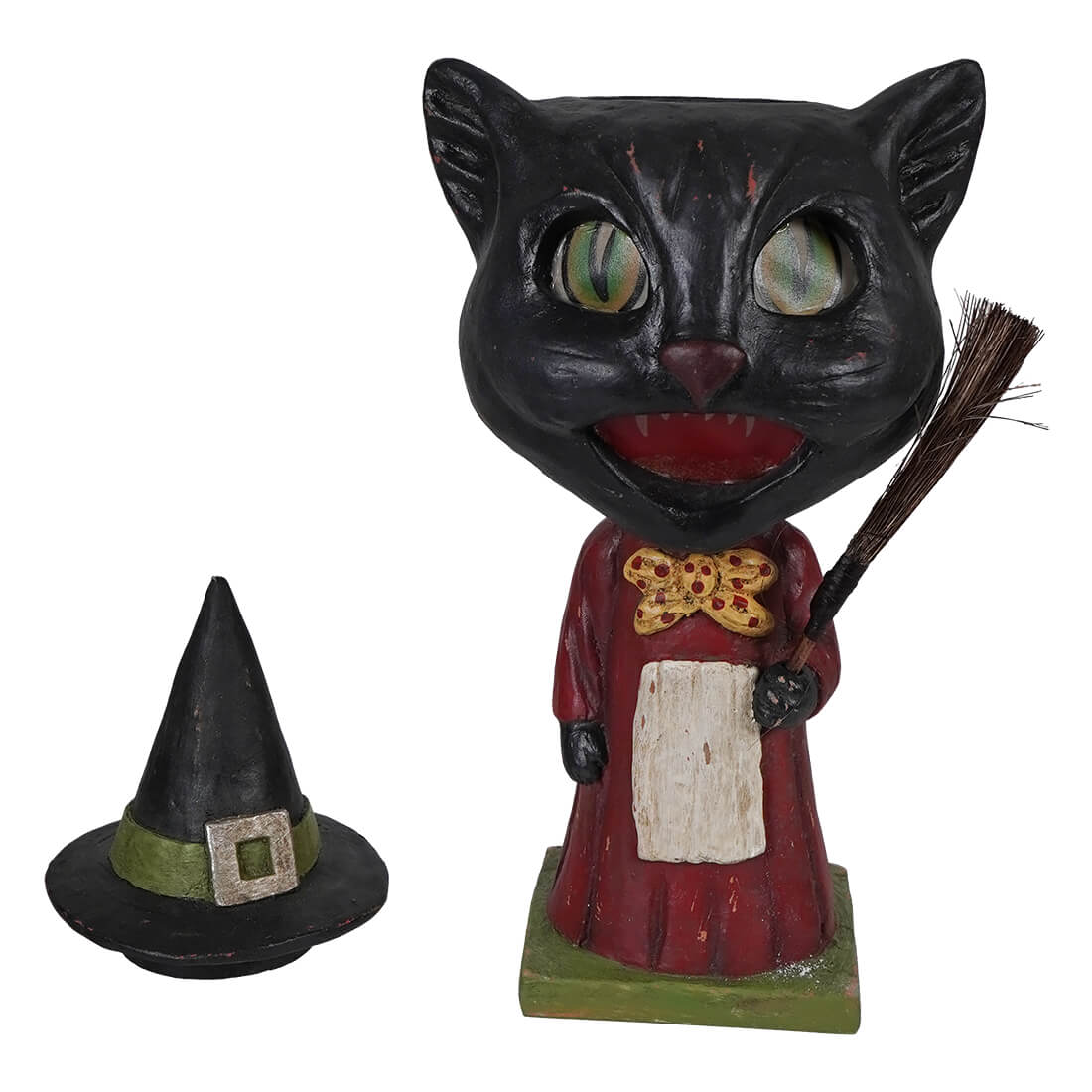 Black catrina whisker witch figurine with green eyes red robe yellow polka dot bow tie holding broomstick halloween cats