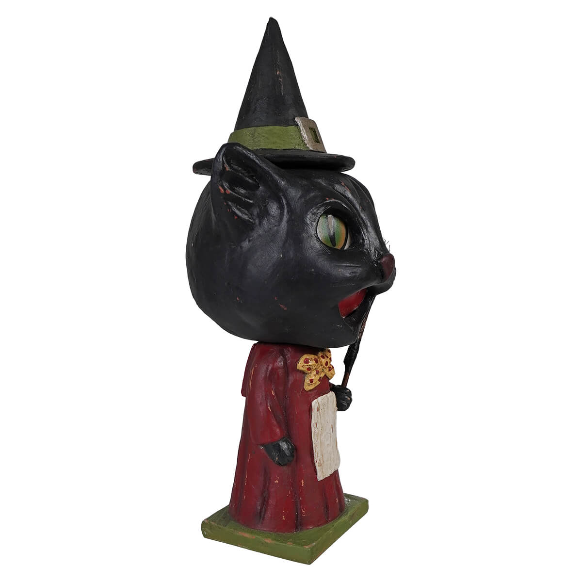 Black cat figurine dressed as catrina whisker witch in red robe with pointed witch hat perfect for halloween cats decor