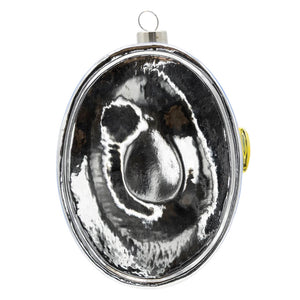 Silver oval caviar ornament with black and white abstract design and gold accent perfect for dessert and confectionery ornaments