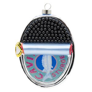 Chrome-finished glass caviar ornament shaped like vintage can opener with black top and colorful enamel details food & drink ornaments