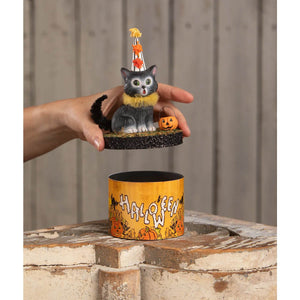 Cecil Cat Halloween cats figurine with black gray coat wearing orange white striped party hat and yellow ruffled collar