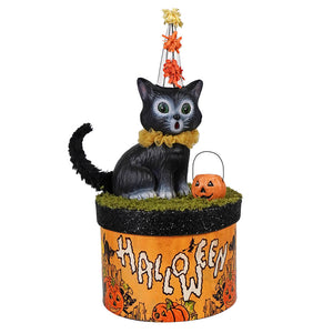 Halloween cats cecil cat figurine sitting on box wearing orange party hat perfect for spooky decor