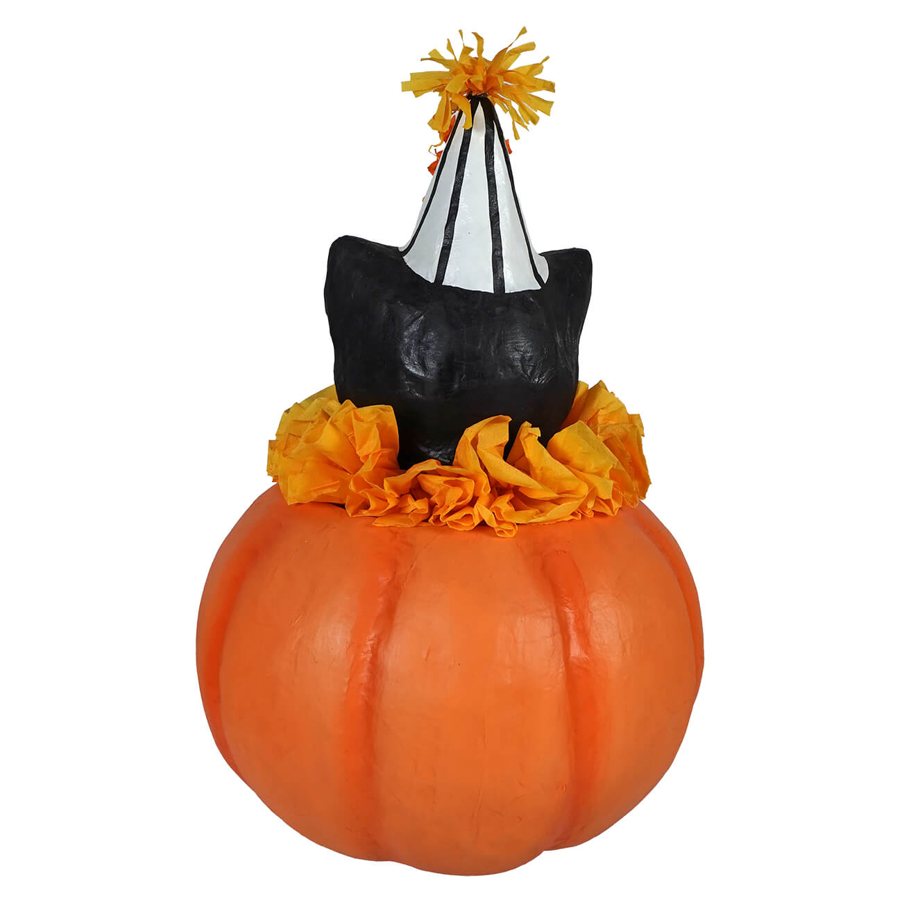 Orange pumpkin with black cat figurine wearing white and black party hat with orange tulle ruffles from cecil’s hang