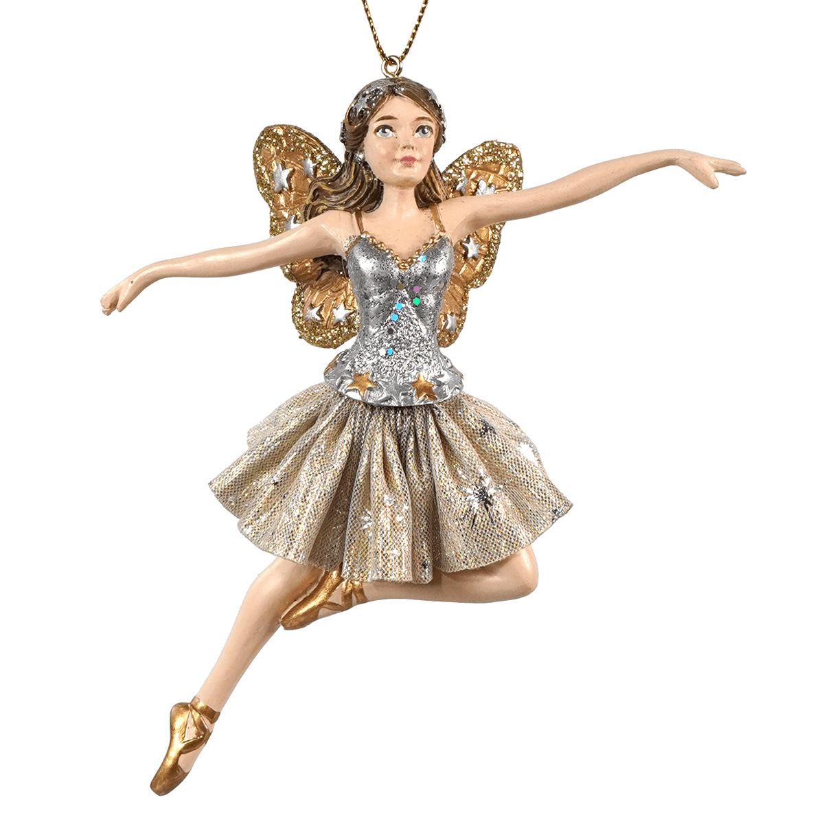 A celestial dancing gold and silver fairy ballerina ornament with golden wings and a silver fringe ballerina bodice by kurt adler