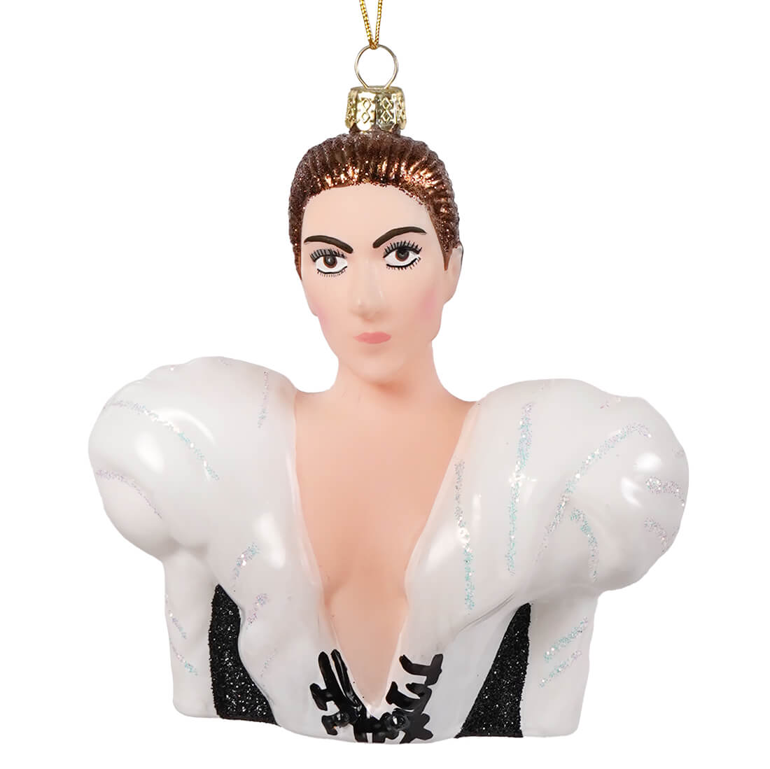 Celine dion glass ornament featuring a woman in a white glitter bustier with black lace trim not a guitar glass ornament