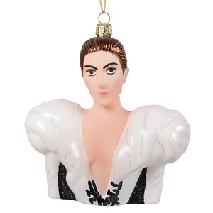 Celine dion glass ornament featuring a woman in a white glitter bustier with black lace trim not a guitar glass ornament