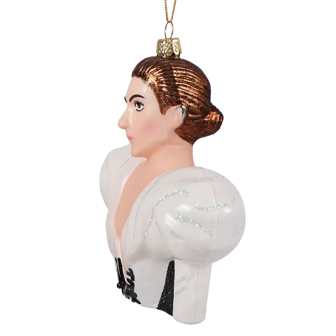 Celine dion glass ornament showing a woman with brown updo in white corseted dress with black lace and silver glitter details