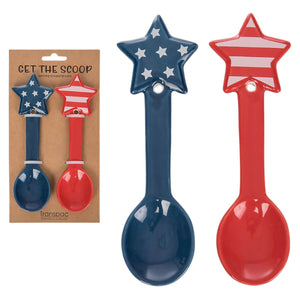 Ceramic spoon set of 2 patriotic spoons with red and blue stars and stripes perfect for holiday use