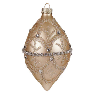A champagne glass jeweled finial ornament with delicate gold glitter patterns rhinestones and a silver cap