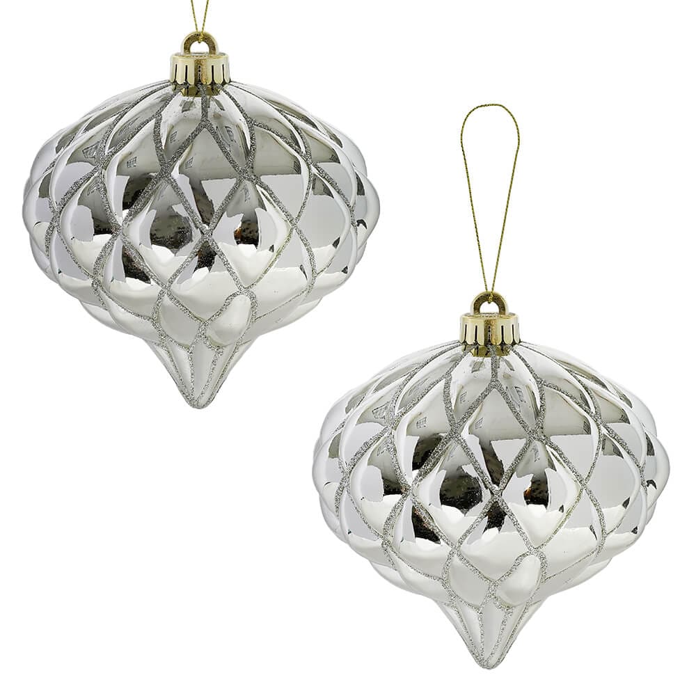 Champagne Silver Shiny Diamond Onion Finial Ornaments Set/2 - Ornaments