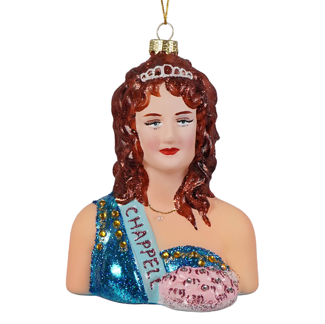 A glittery glass ornament showing a woman with curly red hair wearing a tiara and a chappell roan glass sash