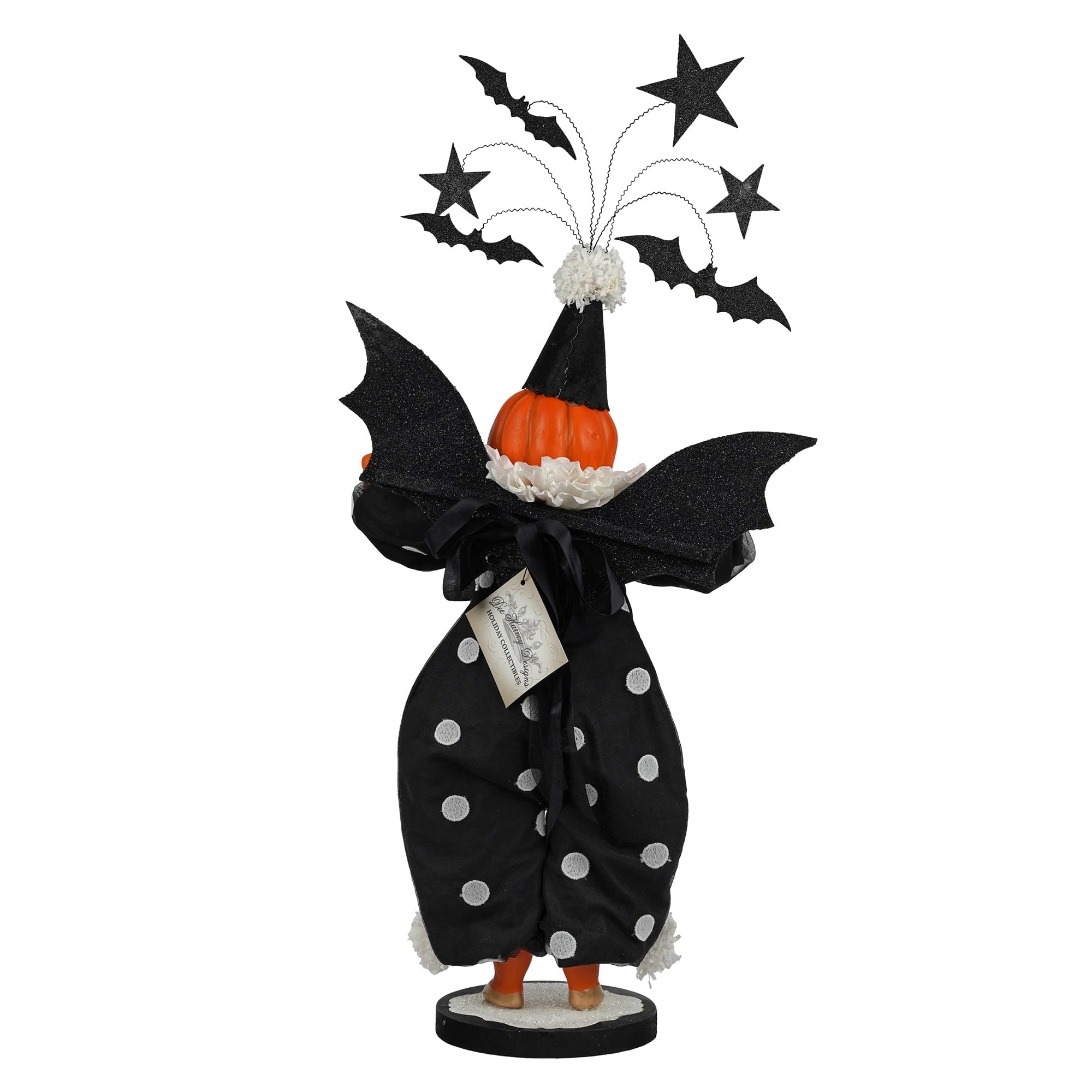 Black polka-dot halloween witch figurine with orange pumpkin head glittery bat wings and top hat for summerween raffle by debra schoch