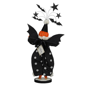Black polka-dot halloween witch figurine with orange pumpkin head glittery bat wings and top hat for summerween raffle by debra schoch