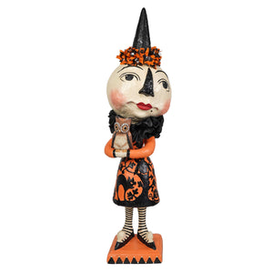 Miss moon witch figurine by bethany lowe halloween holding an owl in orange and black with pointed hat on base