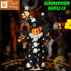 A Halloween-themed decorative figurine of a witch in a black and white polka-dot costume with an orange pumpkin head, shown in a dark festive setting.